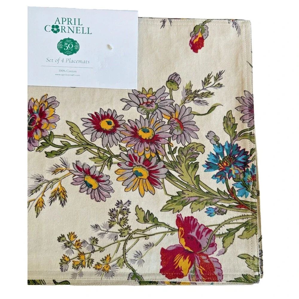 April Cornell Placemats Wildflower Beige Set of 4 100% Cotton 14x19 Thanksgiving